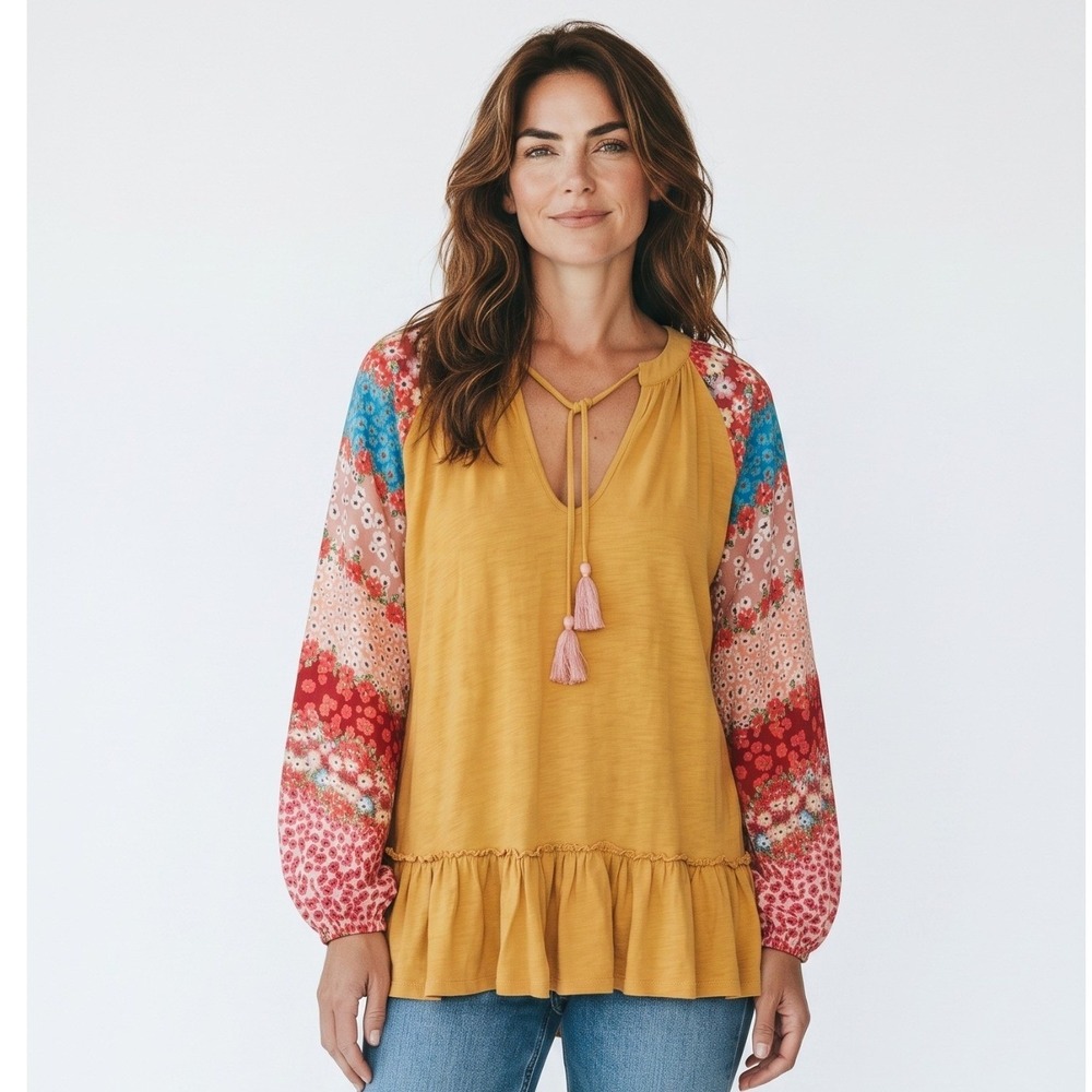 Umgee USA Boho Womens size Large  Tassel V-neck Tiered Floral Cottagecore Top